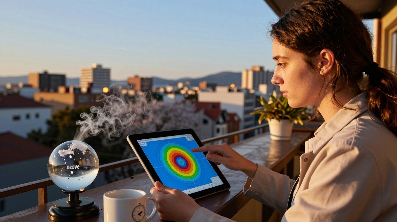 Mulher numa varanda com tablet, analisando gráfico colorido. Globo de neve e chávena ao lado. Cidade ao fundo.