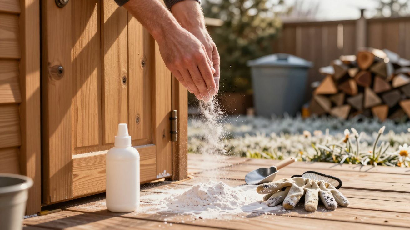 Mãos a espalhar pó branco no chão de madeira, junto a luvas e uma pequena pá, com madeira empilhada ao fundo.