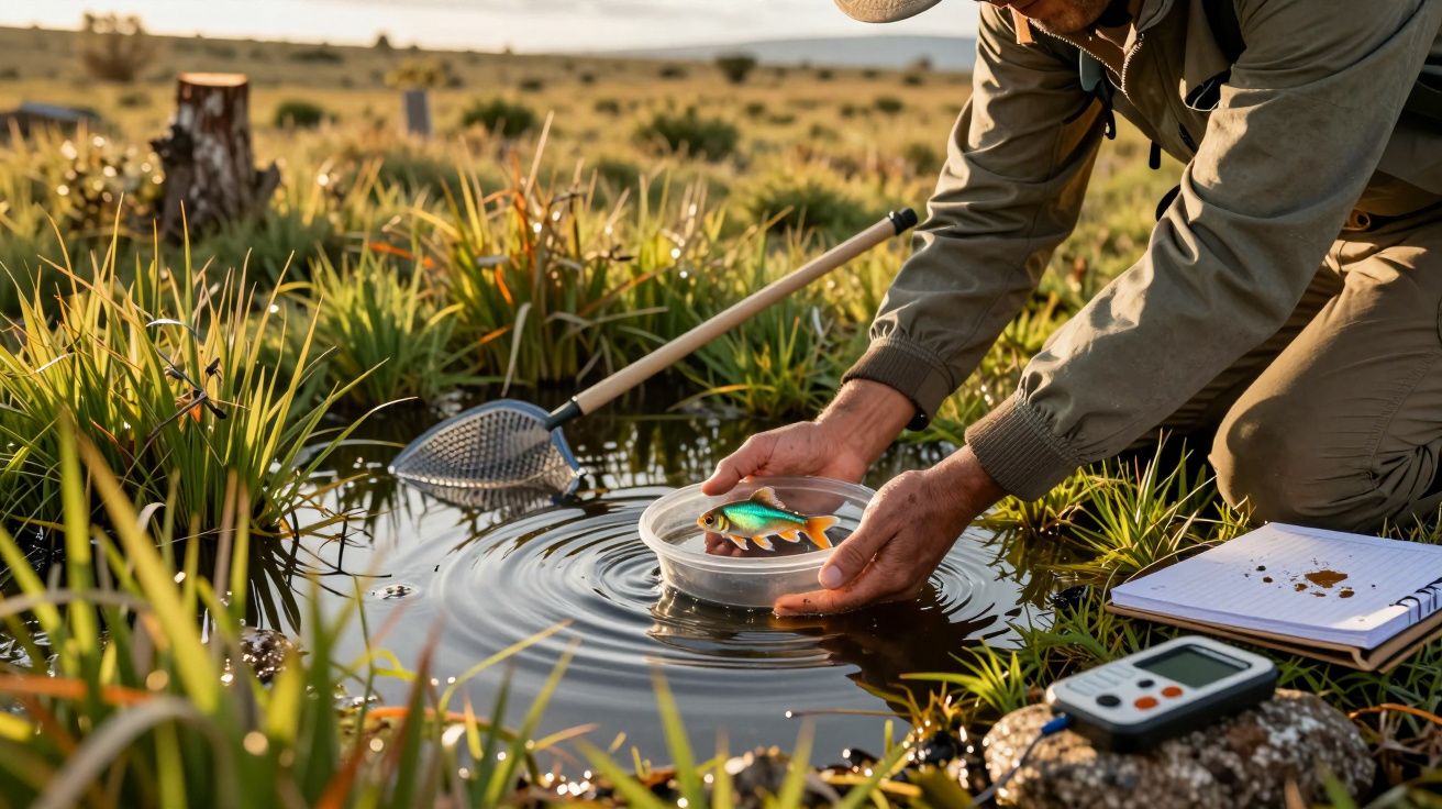 Homem coleta amostra de água em lago, com rede, bloco de notas e dispositivo de medição ao lado.