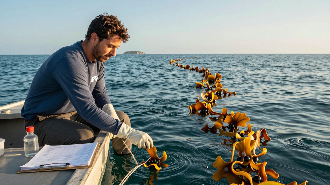 Homem num barco inspeciona estrutura flutuante de corais artificiais no mar ao pôr do sol.