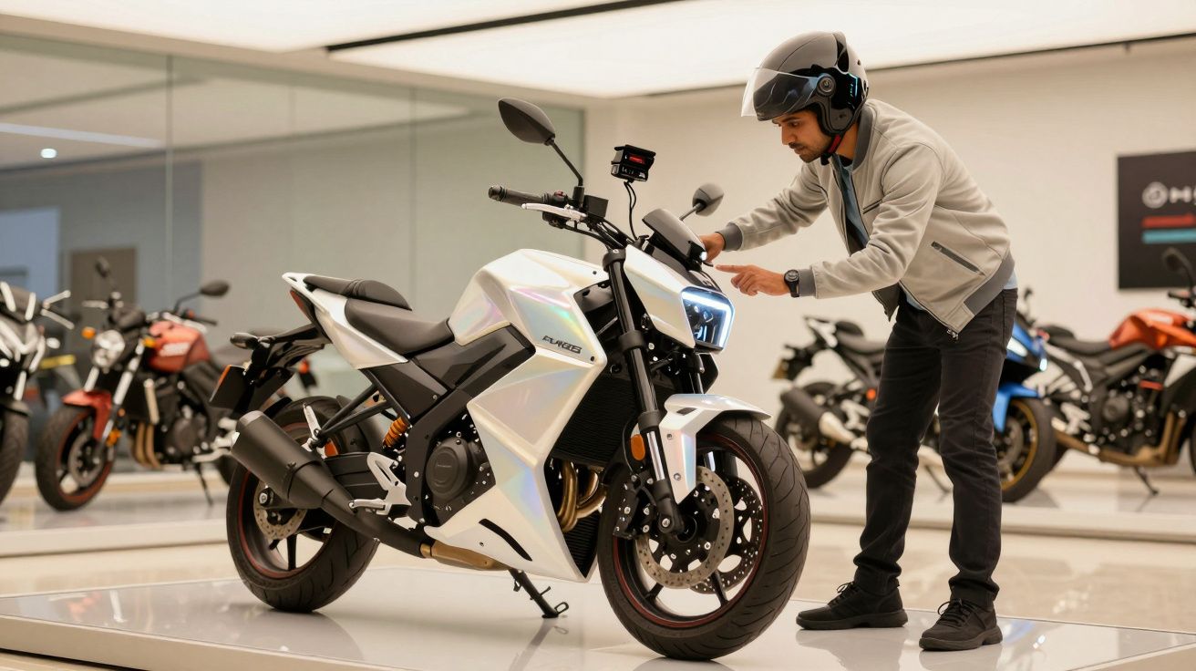 Homem de capacete ajusta uma mota branca num showroom moderno com várias motas ao fundo.