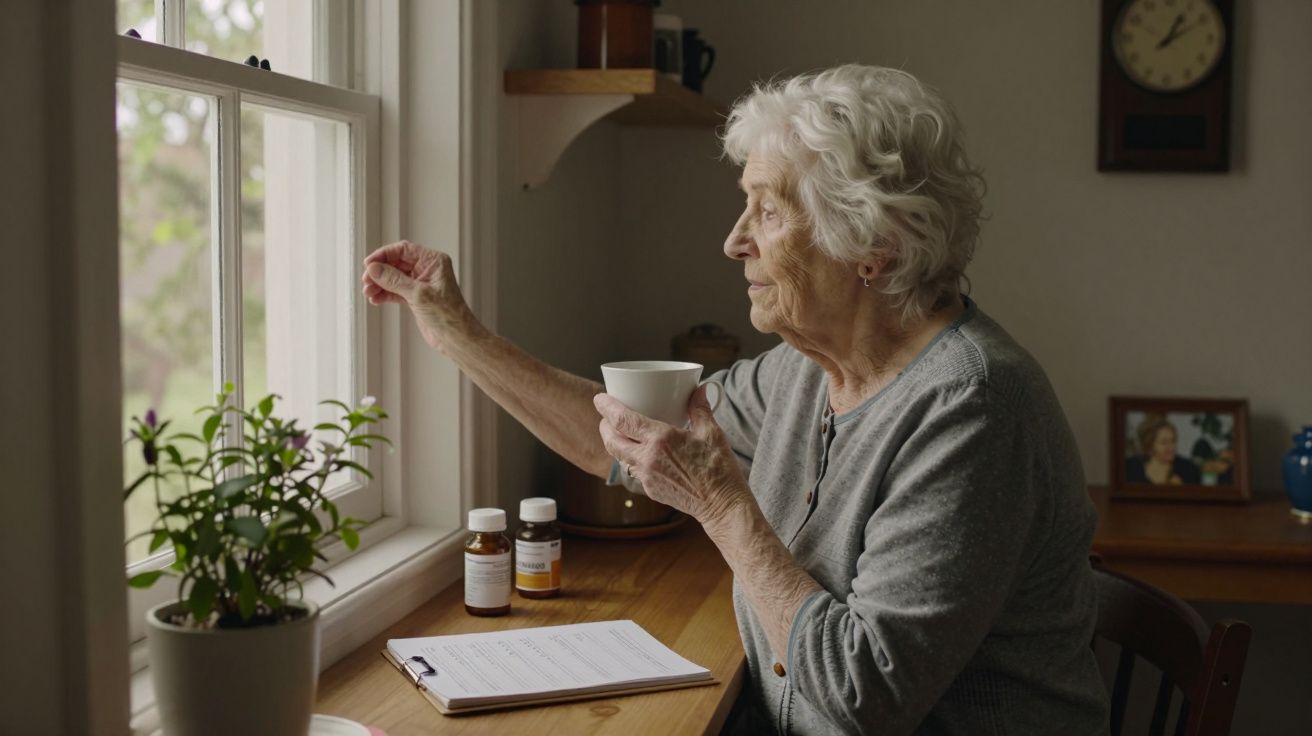 Idosa junto à janela segurando chá, com medicamentos e plantas à mesa, olhando para fora.