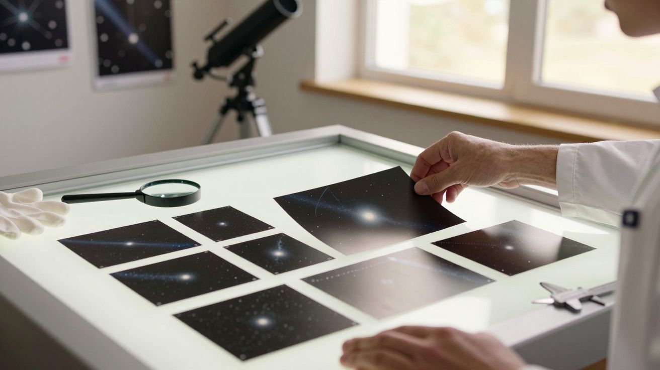 Pessoa analisando imagens de estrelas numa mesa de luz, com lupa e telescópio ao fundo.