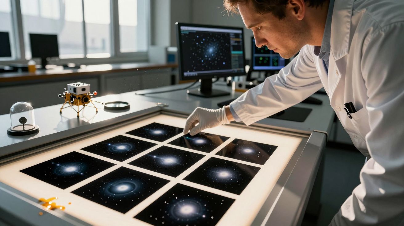 Cientista analisa imagens de galáxias numa mesa iluminada num laboratório com computadores ao fundo.