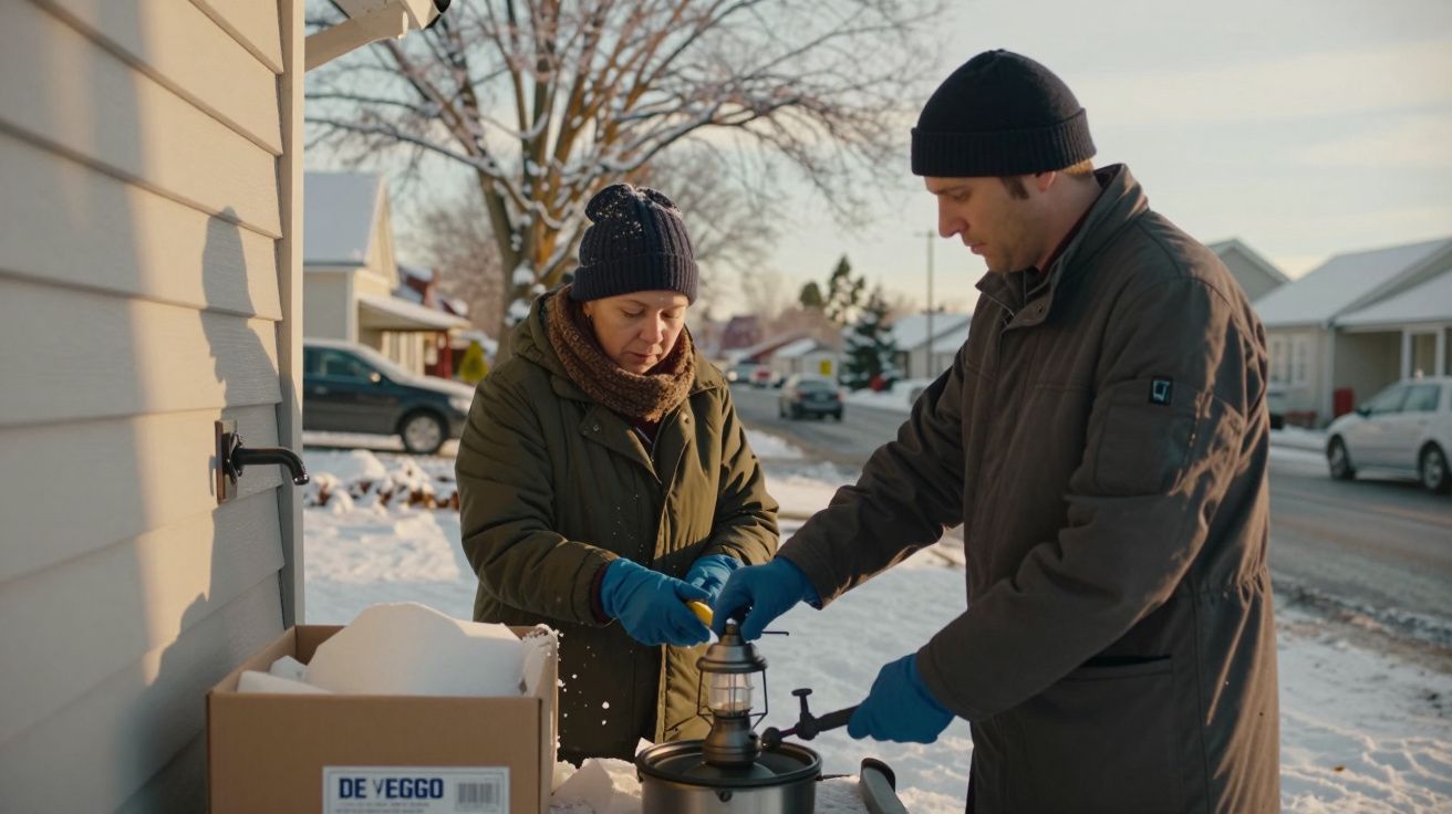 Duas pessoas de luvas e casacos preparam lanterna ao ar livre num dia de neve em frente a uma casa.