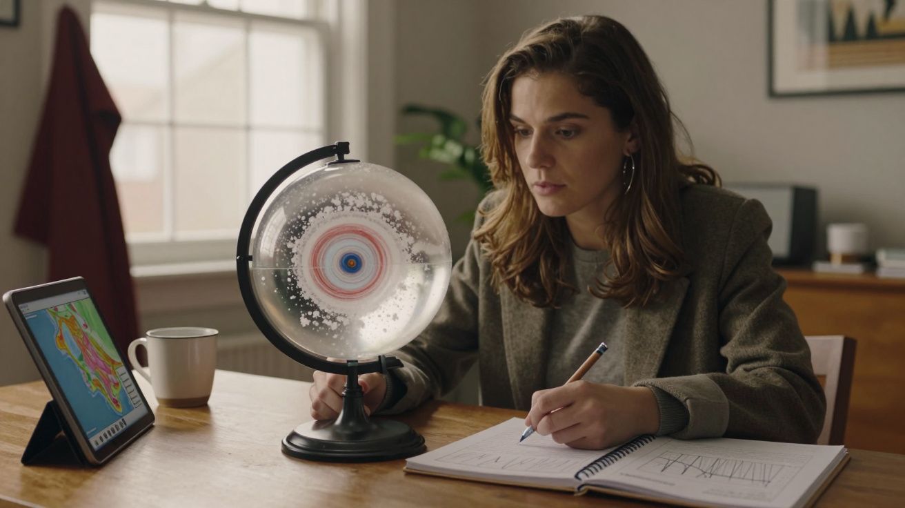 Mulher estudando com caderno, tablet e globo terrestre estilizado em mesa de madeira.