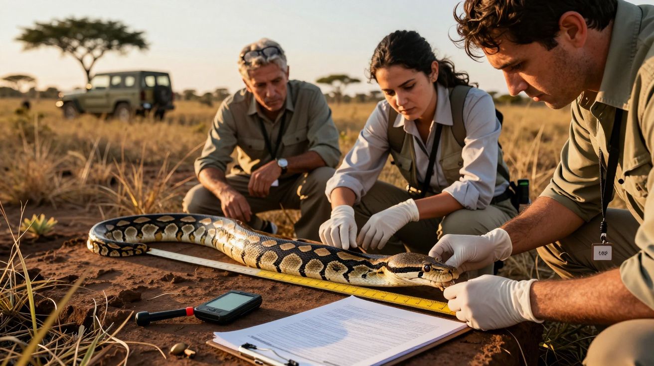 Três cientistas medem uma pitão numa savana, com jipe ao fundo. Estão a usar luvas e têm equipamentos para registo de dados.