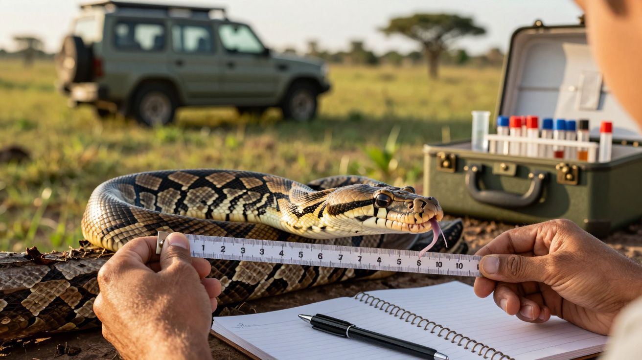 Cientista mede uma cobra com régua no campo, com um veículo e uma caixa de ferramentas ao fundo.