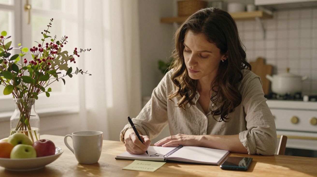 Mulher escrevendo numa mesa de madeira com flores, taça de frutas e chávena ao lado, numa cozinha iluminada.