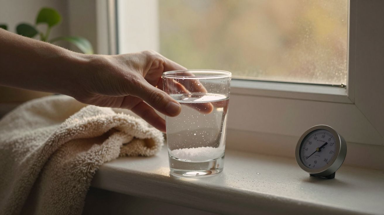 Mão segurando um copo de água com gás numa janela, ao lado de uma toalha e um termómetro pequeno.