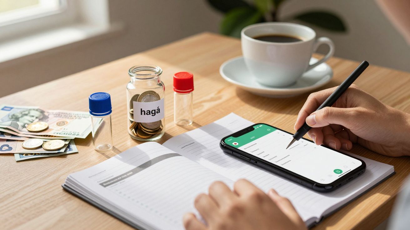Mãos escrevendo em caderno ao lado de café, moedas, frascos e smartphone com aplicação aberta sobre a mesa.