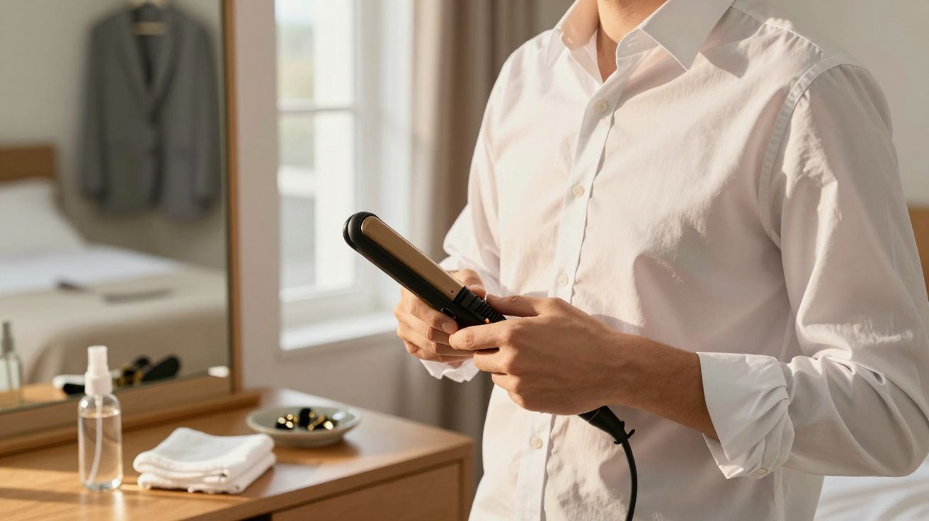 Homem em camisa branca segurando alisador de cabelo, em quarto com mesa, toalhas e espelho.