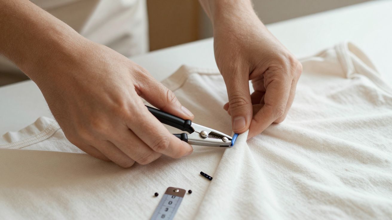 Mãos apertam um botão numa t-shirt branca, usando uma ferramenta de prensagem, próximo de uma fita métrica sobre a mesa.