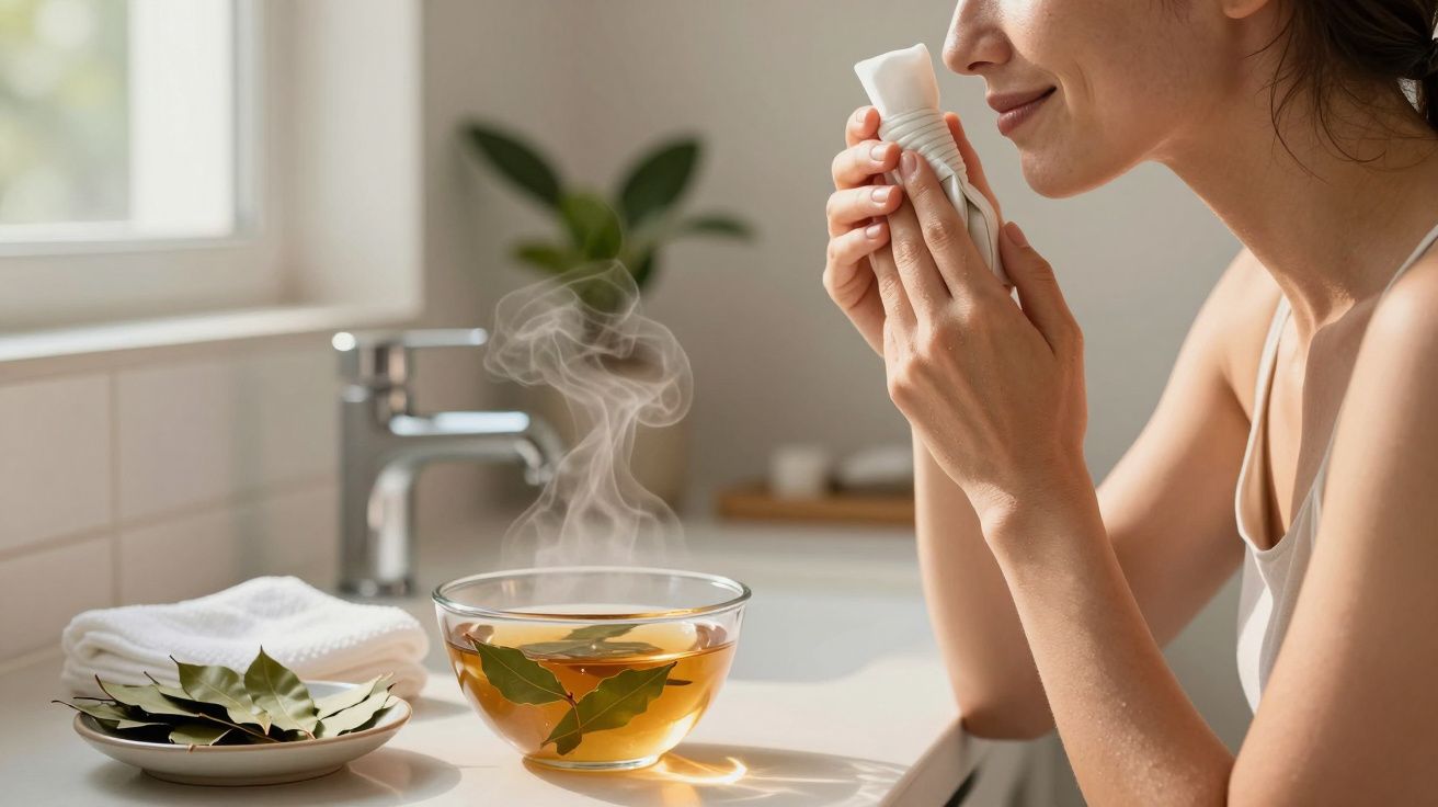 Mulher inala vapor de infusão de folhas, segurando um inalador em ambiente de cozinha iluminada.