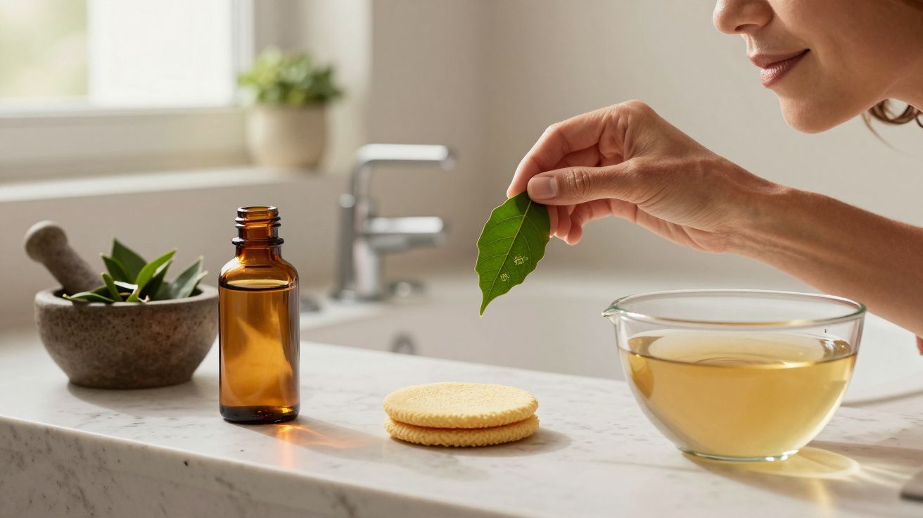 Mulher segura folha de louro sobre chá em taça; garrafa âmbar, biscoitos e pilão ao lado.