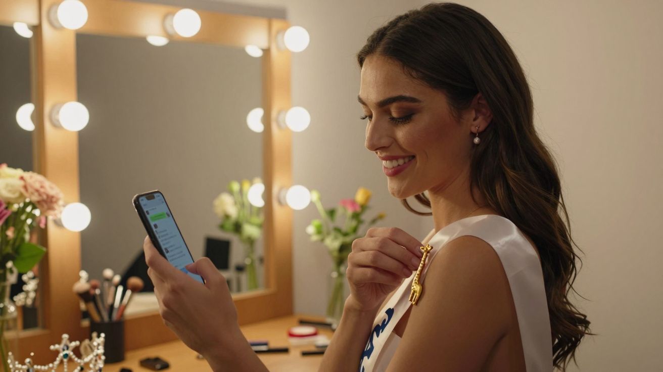 Mulher sorridente com faixa elegante, segurando um smartphone, diante de espelho iluminado com flores ao fundo.