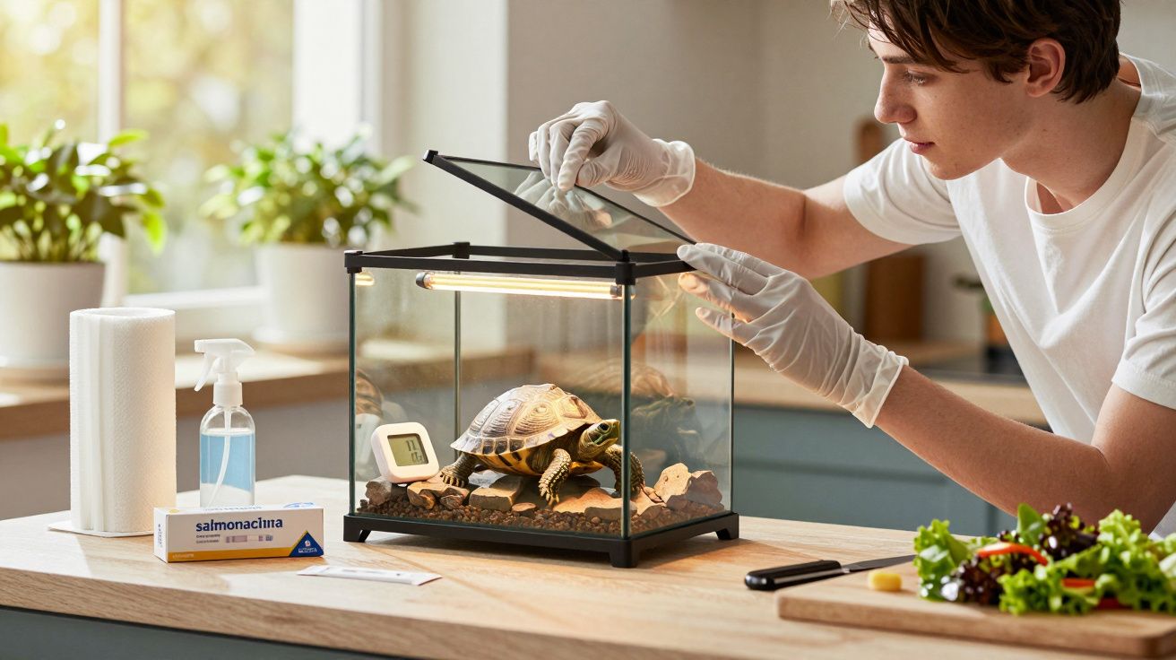 Jovem com luvas limpa terrário de tartaruga numa cozinha.