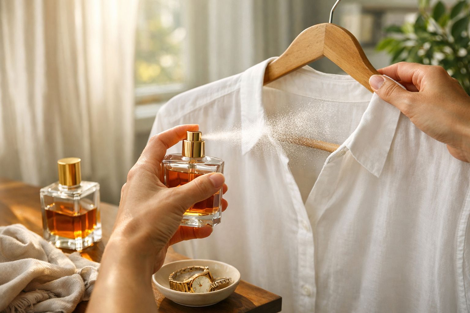 Pessoa a pulverizar perfume numa camisa branca pendurada num cabide de madeira, com uma garrafa de perfume ao lado.