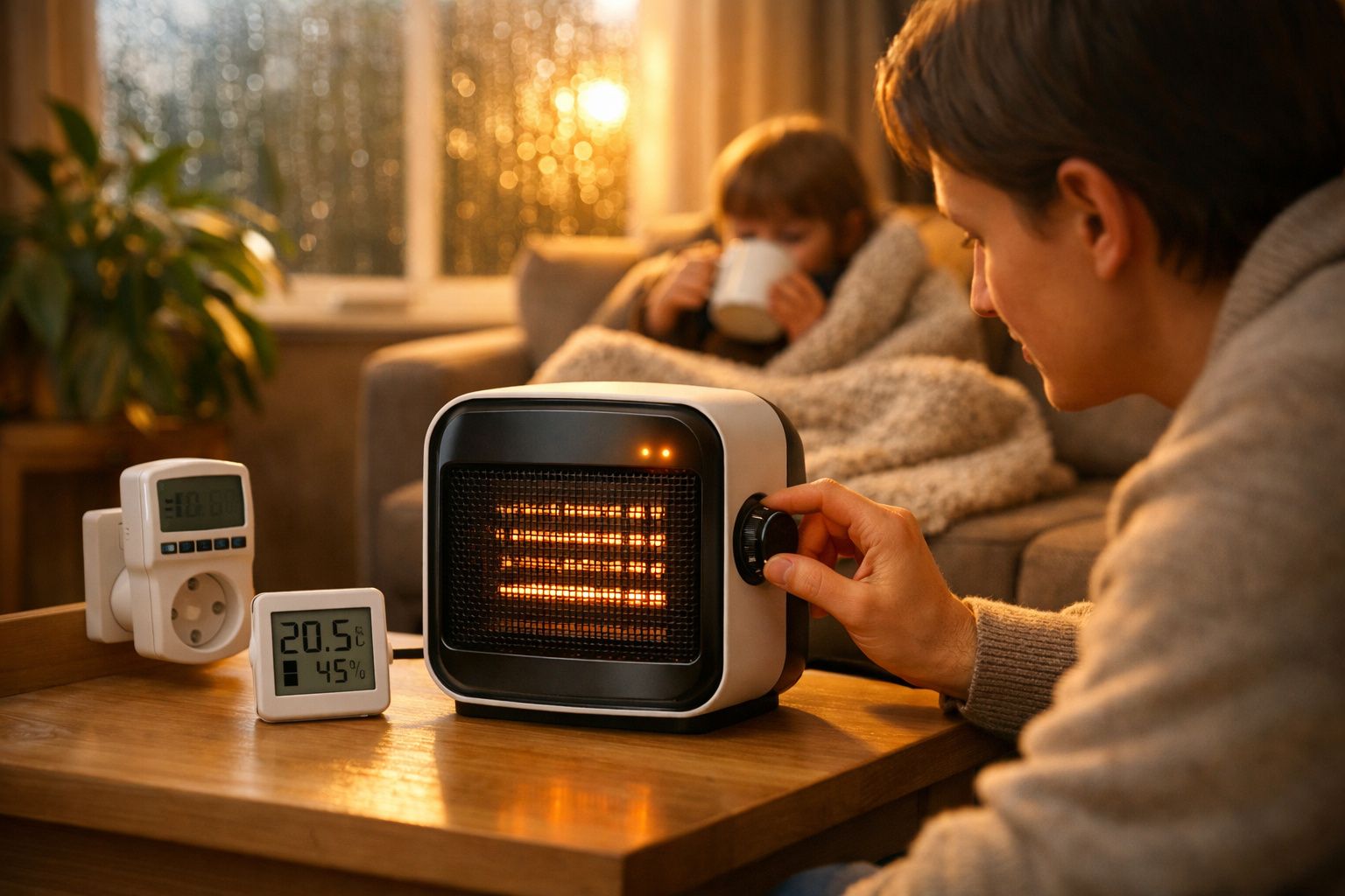 Família aconchegada no sofá com cobertores, ajustando um aquecedor portátil. Duas chávenas e termómetro digital na mesa.