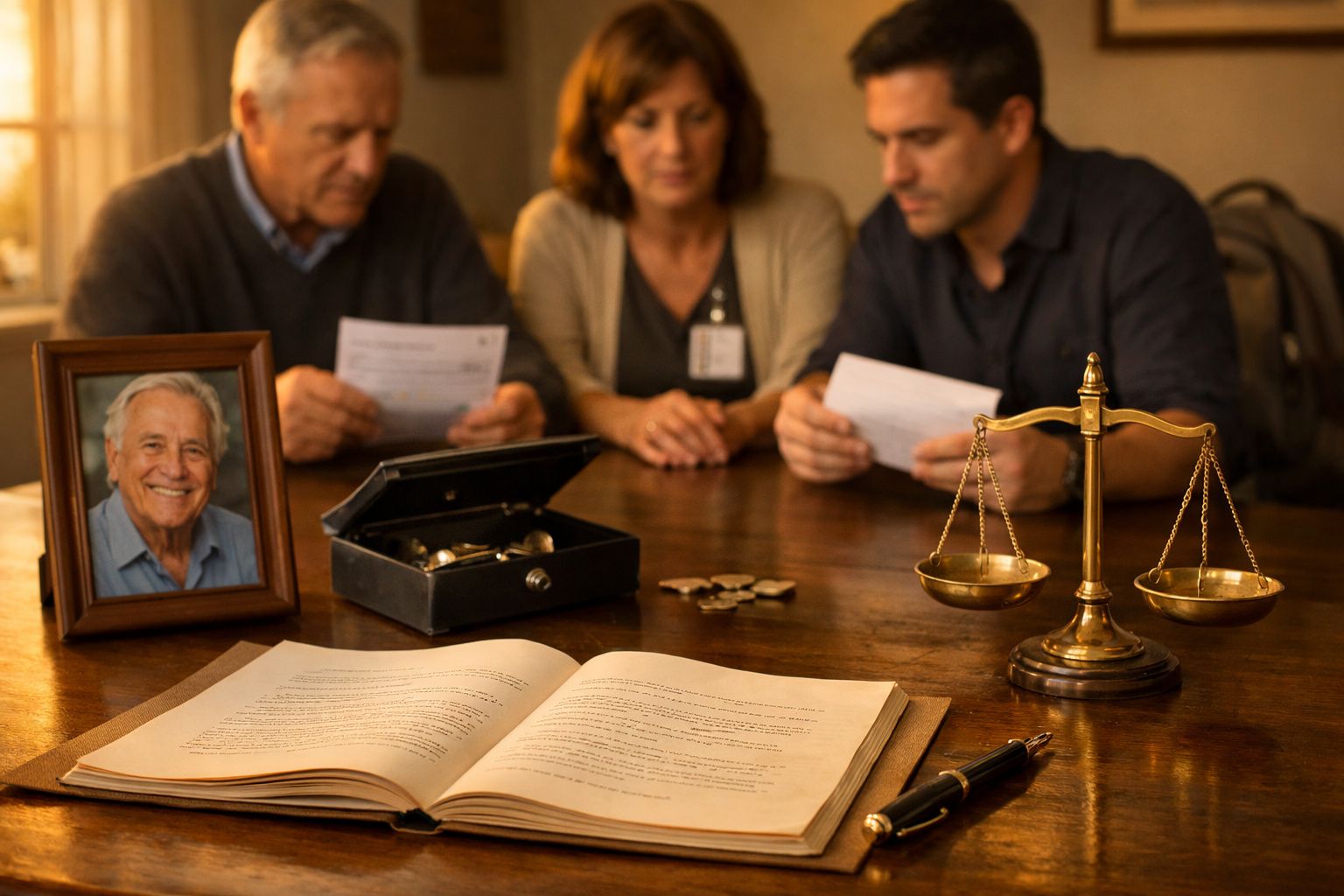 Três pessoas lêem documentos à mesa com uma fotografia, um livro aberto, uma caixa e uma balança de justiça.