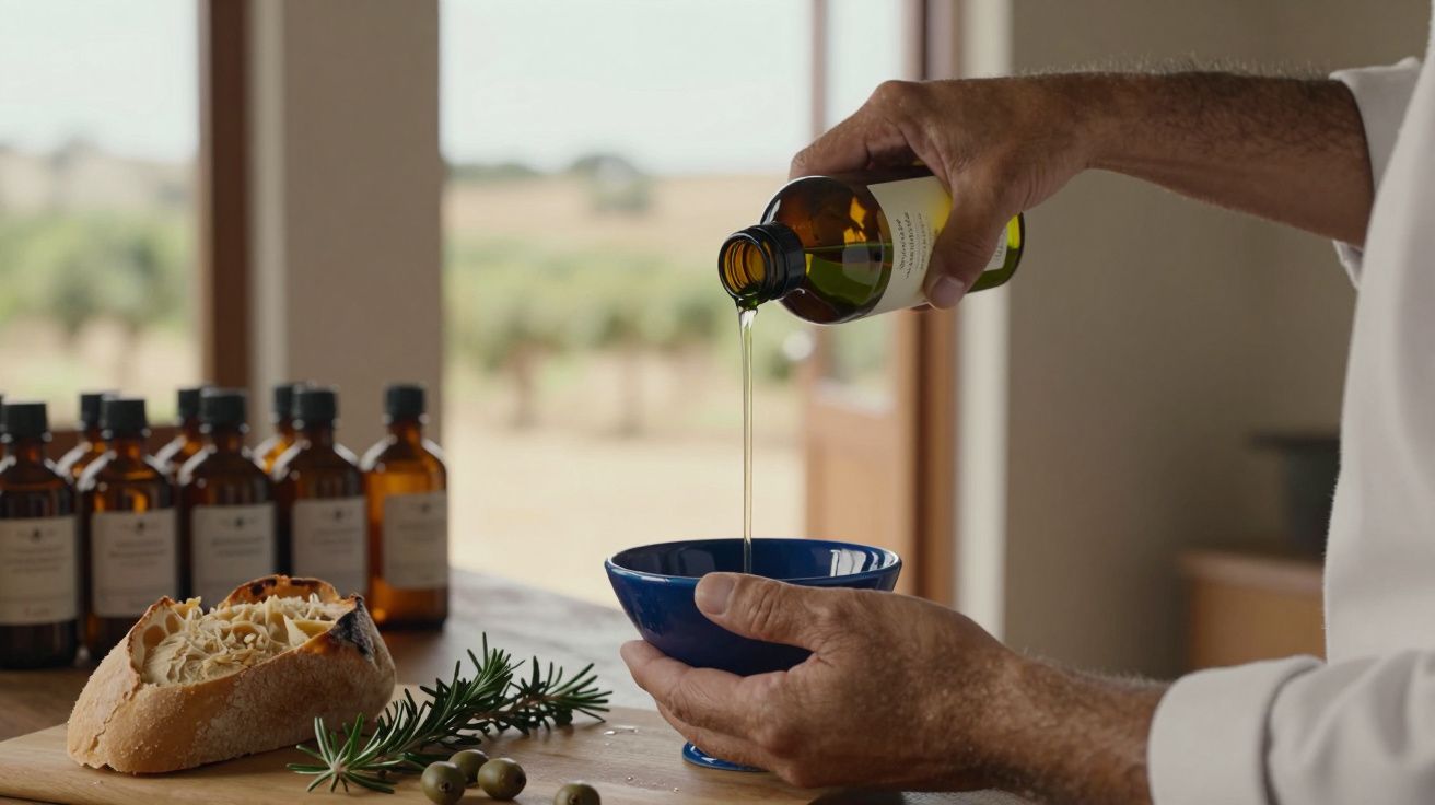 Mão masculina a verter azeite numa tigela azul, com pão e alecrim ao lado. Frascos de azeite posicionados ao fundo.