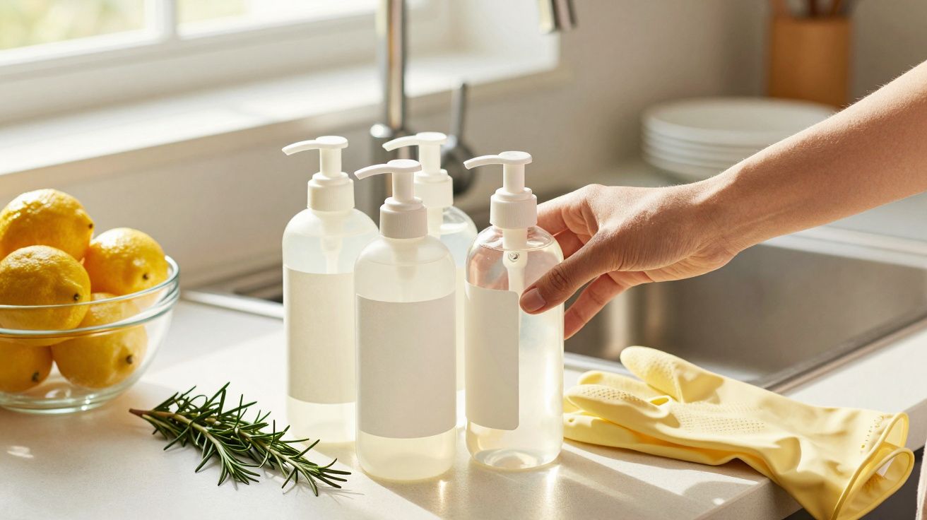 Mão pega frasco de sabão líquido em bancada de cozinha com limões, alecrim e luvas de borracha.