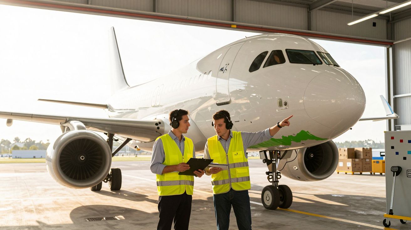 Dois homens com coletes refletores e auriculares discutem em frente a um avião num hangar.