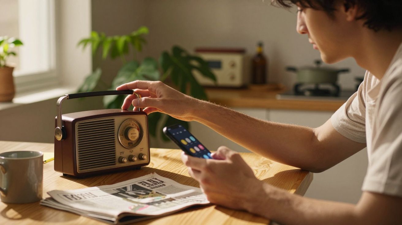 Homem ajusta rádio vintage numa mesa com café, jornal e smartphone.