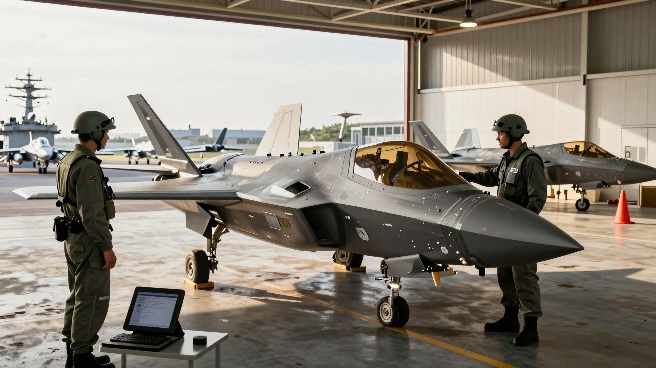 Dois pilotos junto a um caça a jato em hangar, com porta-aviões ao fundo.