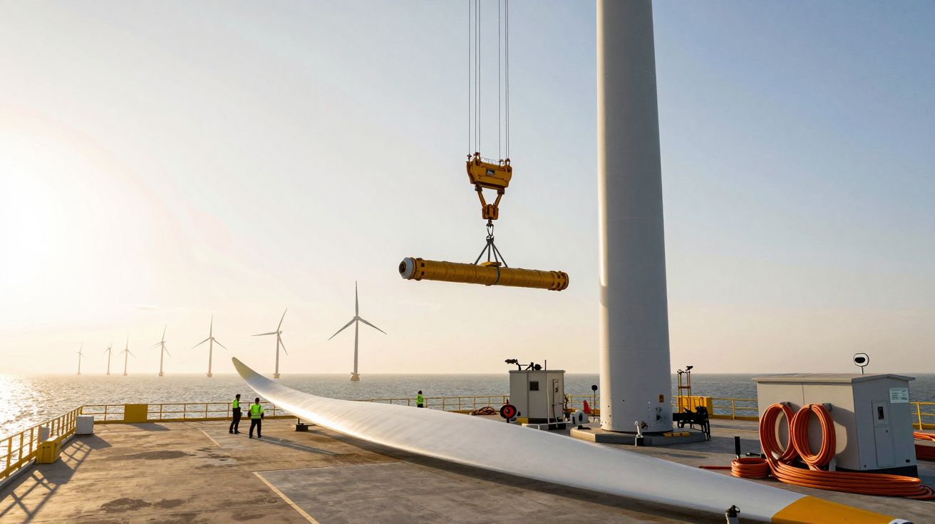 Instalação de turbina eólica offshore ao pôr do sol, com várias turbinas ao fundo.