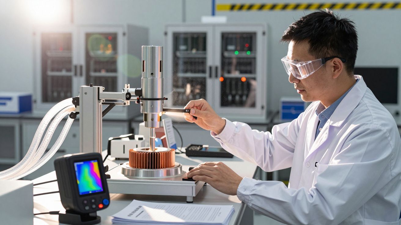 Cientista em laboratório usa equipamento especializado com peça metálica; monitor mostra dados.