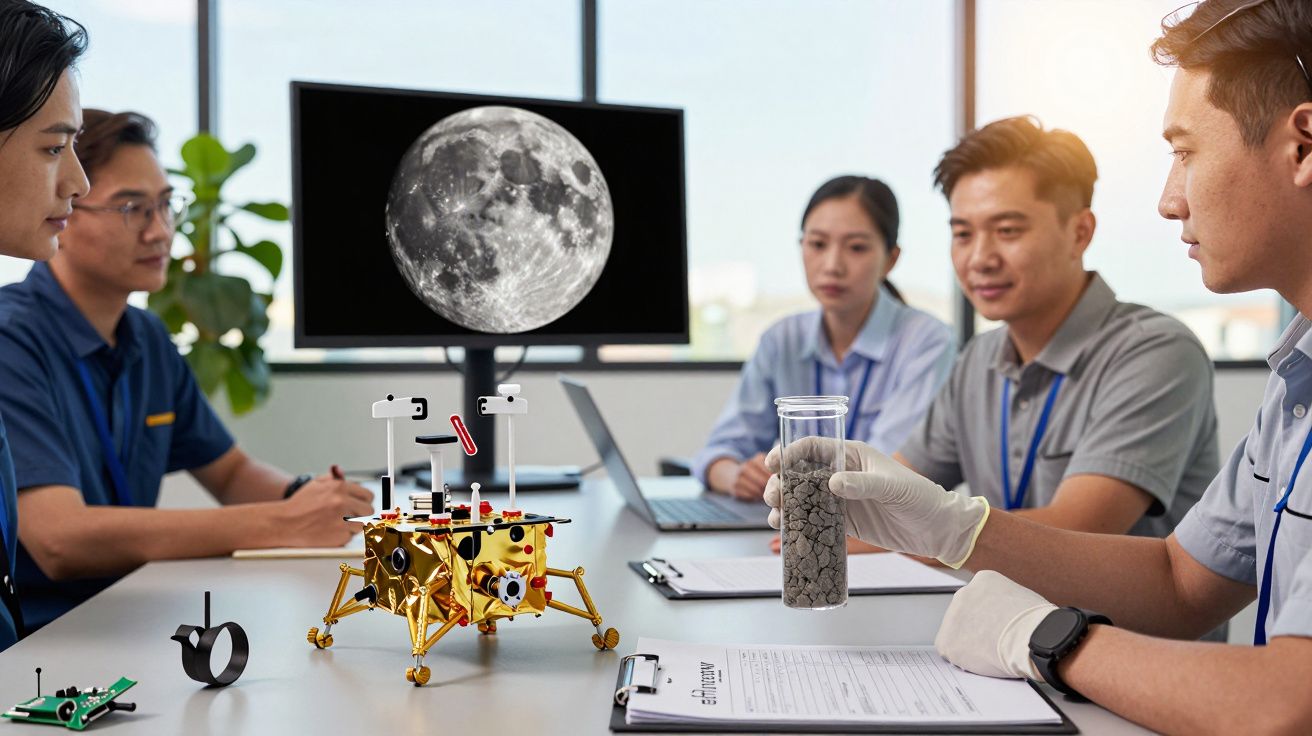 Grupo de cientistas numa reunião sobre exploração lunar, com maquete de rover e imagem da lua ao fundo.