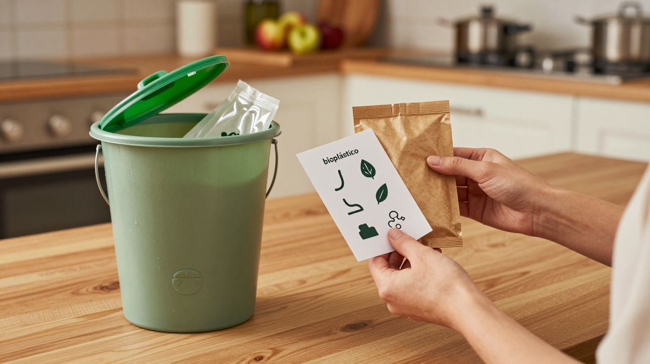 Pessoa segura embalagem junto a balde para compostagem em cozinha, sugerindo reciclagem de bioplástico.