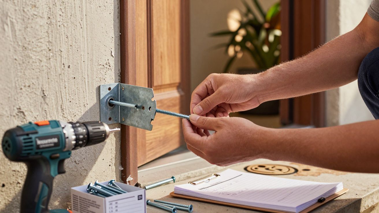 Pessoa a segurar um parafuso junto a uma porta, com uma aparafusadora e um bloco de notas ao lado.