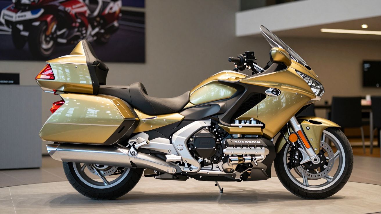 Motocicleta dourada estacionada em exibição num salão de exposição com design moderno e imponente.