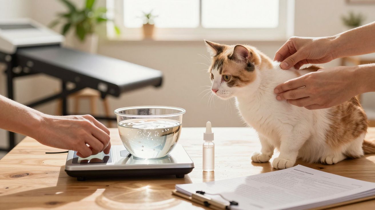 Gato branco e laranja numa mesa de exame veterinário com uma balança, mãos humanas ajustando algo.