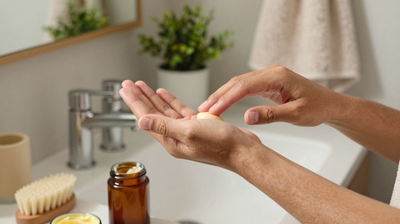 Mãos aplicando creme numa casa de banho, junto a uma pia com escova e frasco de vidro âmbar.