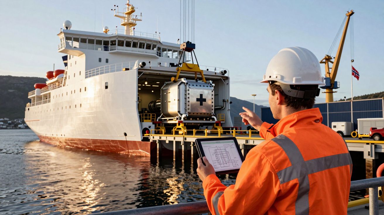 Homem de capacete e colete laranja, com tablet, supervisiona carga de contentor em navio num porto.