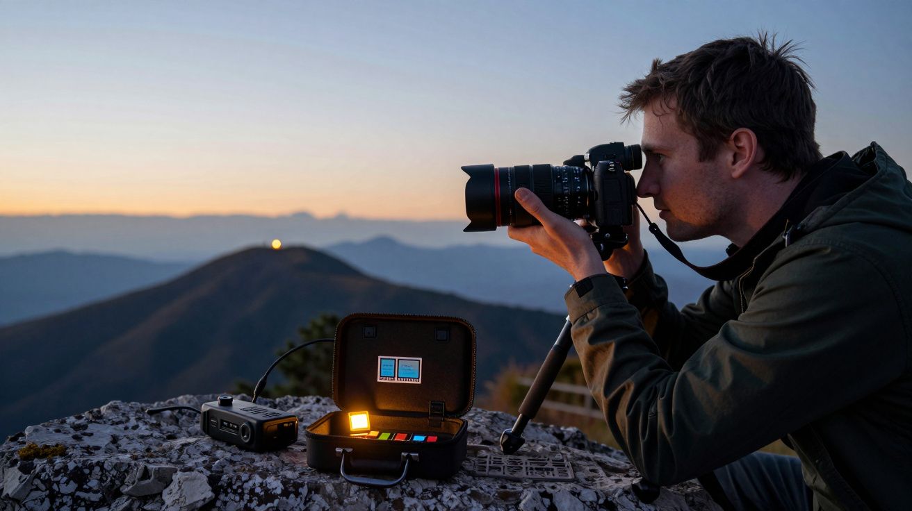 Homem fotografa ao pôr do sol numa montanha, com equipamento de filmagem sobre uma superfície rochosa.