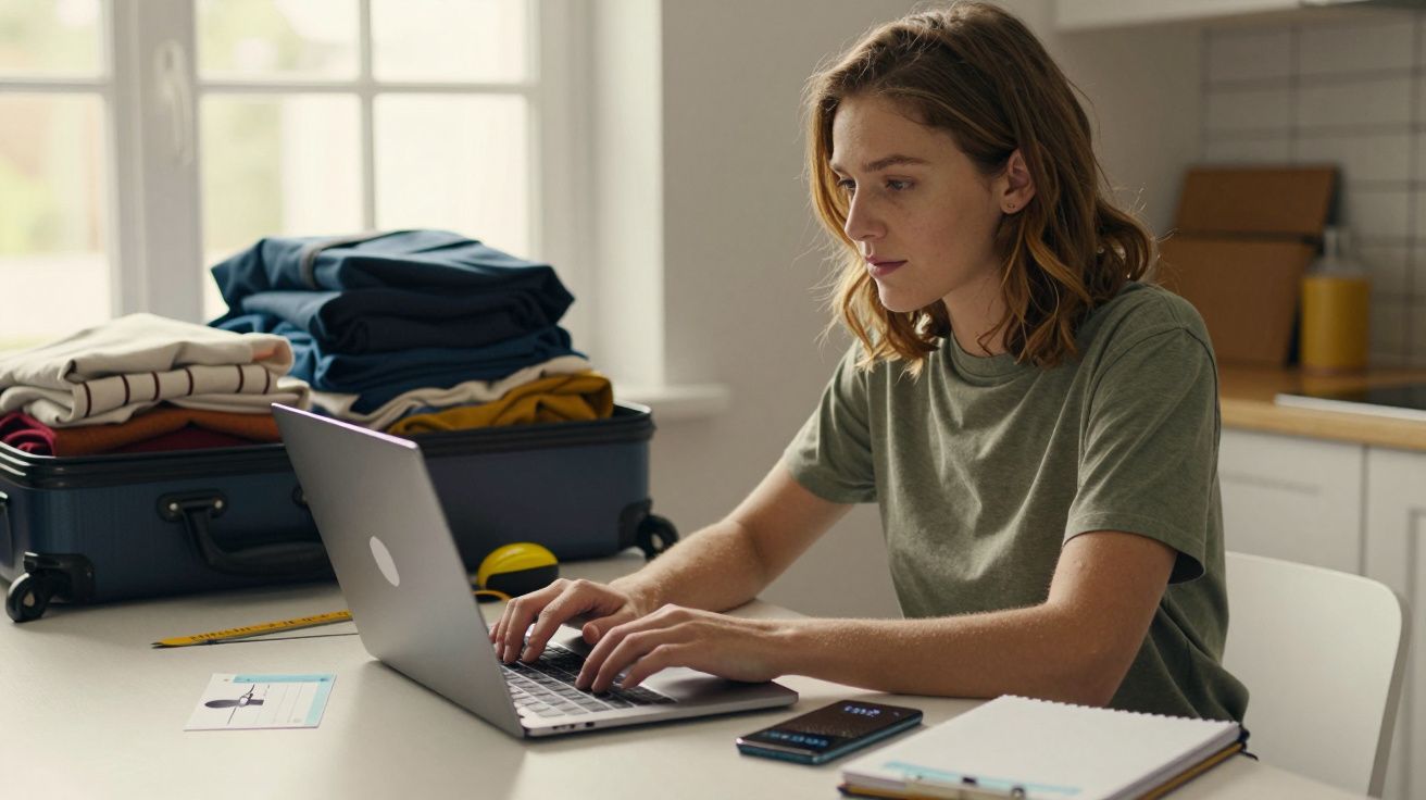 Mulher trabalhando no portátil, mesa com caderno, telemóvel e mala aberta ao lado com roupas organizadas.