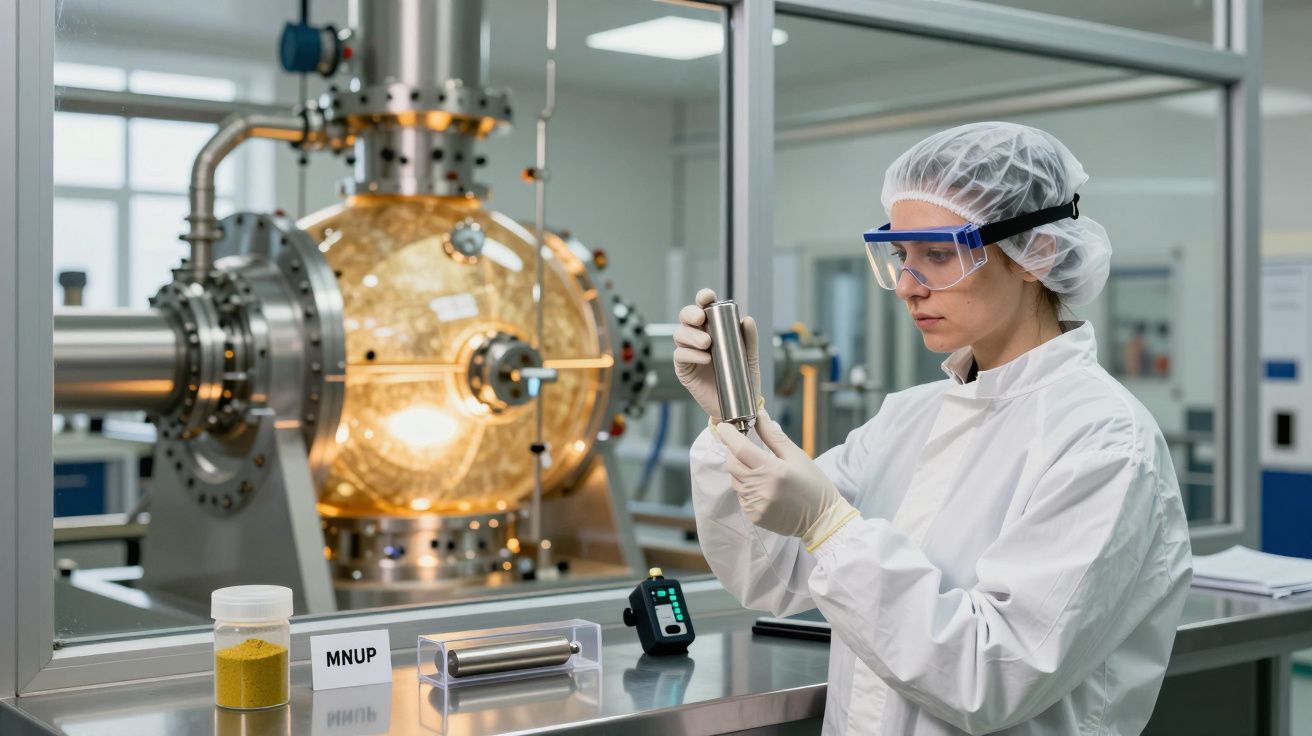 Cientista em laboratório, usando equipamento de segurança, analisa amostra à frente de uma máquina complexa.