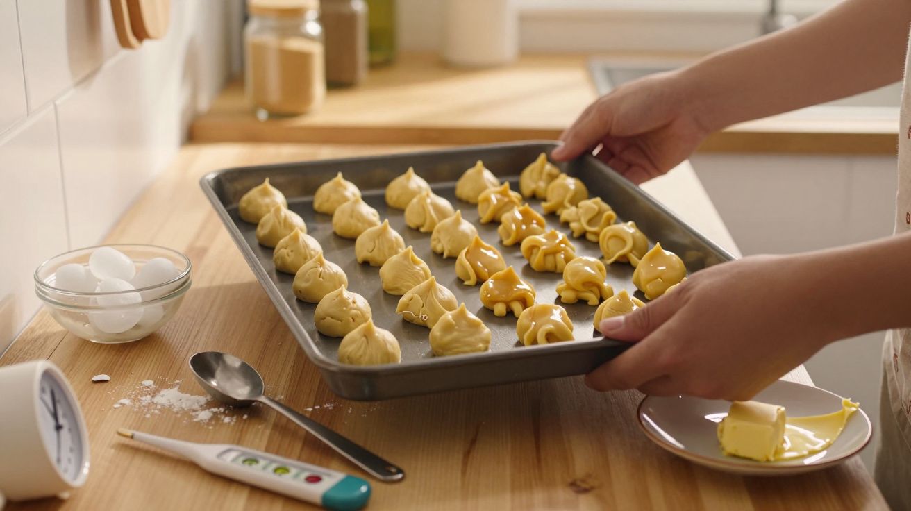 Pessoa a preparar tabuleiro com docinhos de massa dourada em bancada de cozinha de madeira, perto de ovos e manteiga.