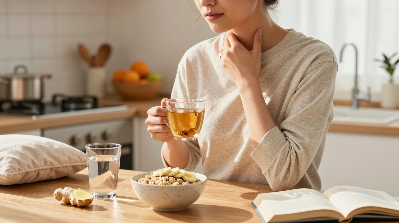 Mulher tomando chá na cozinha, com uma taça, um livro aberto e uma tigela de cereais sobre a mesa.