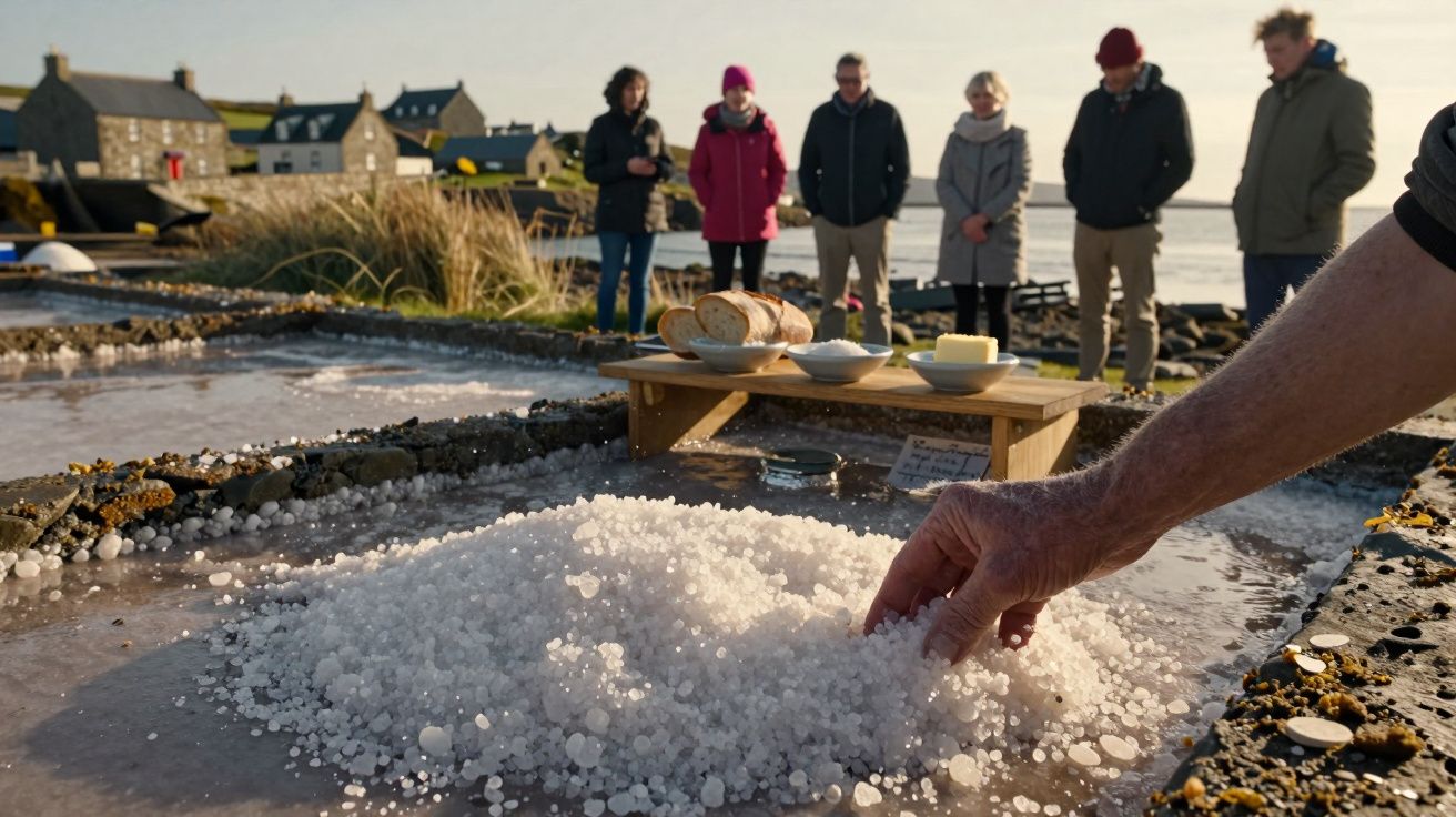 Mão recolhe sal de tanque ao ar livre com pessoas ao fundo; mesa com pão e queijo à direita.
