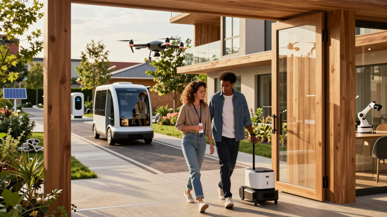Casal caminha por rua moderna com drones, veículo autônomo e robô de entrega em ambiente urbano.