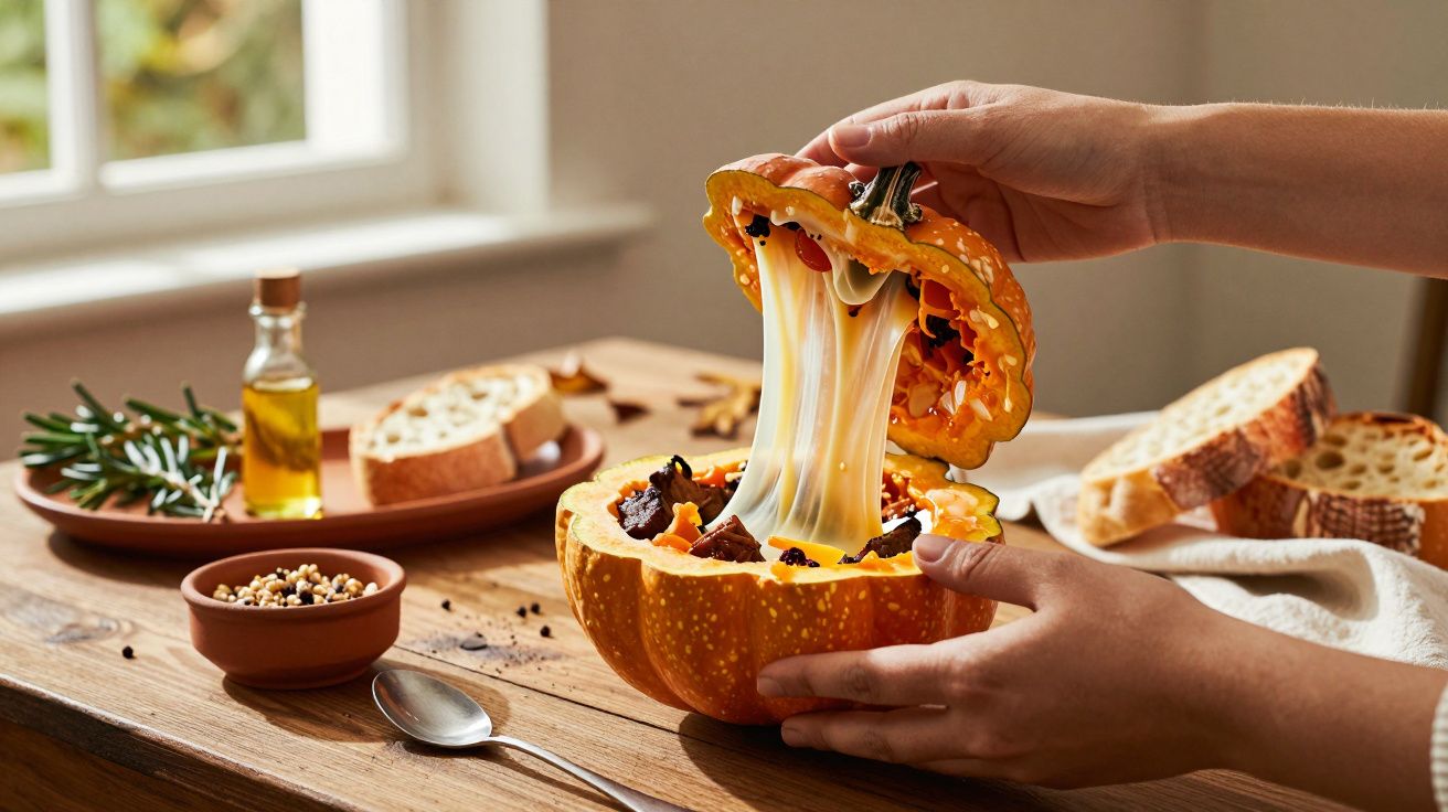 Mãos abrindo abóbora recheada com queijo derretido, pão, nozes e azeite em mesa de madeira.