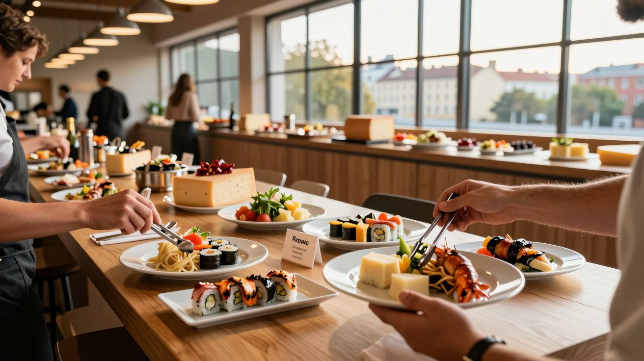 Mesa de buffet com pratos de sushi, queijo e frutas, pessoas servindo-se ao fundo.