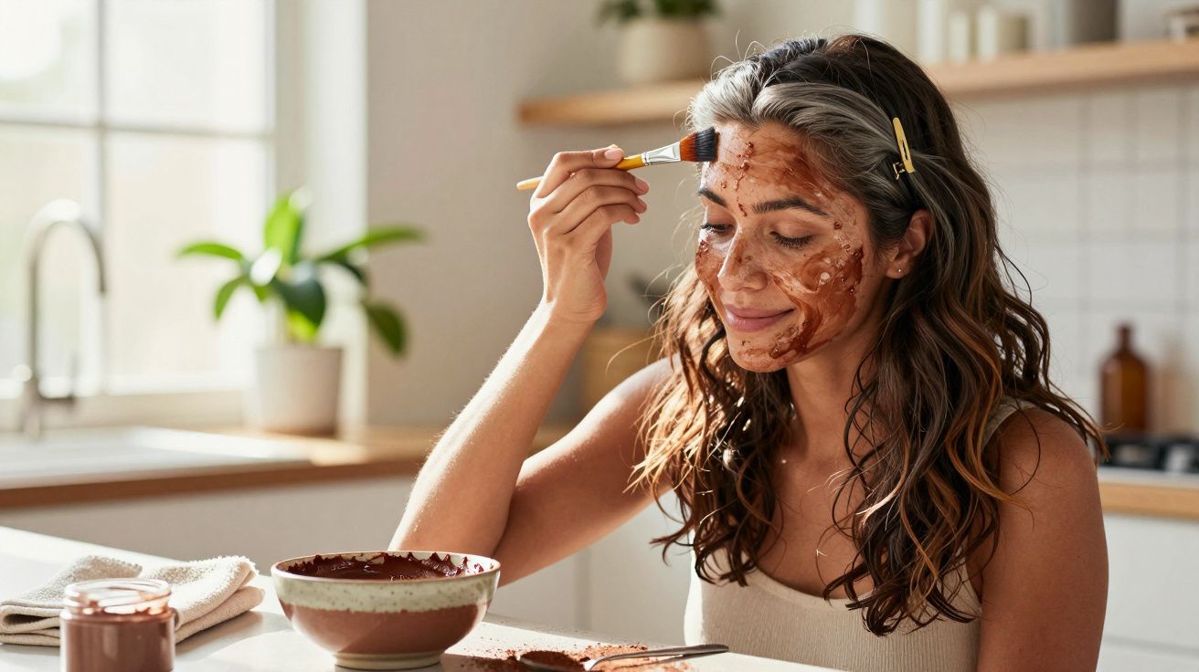 Mulher a aplicar máscara facial de chocolate na cozinha, sorrindo enquanto segura um pincel.