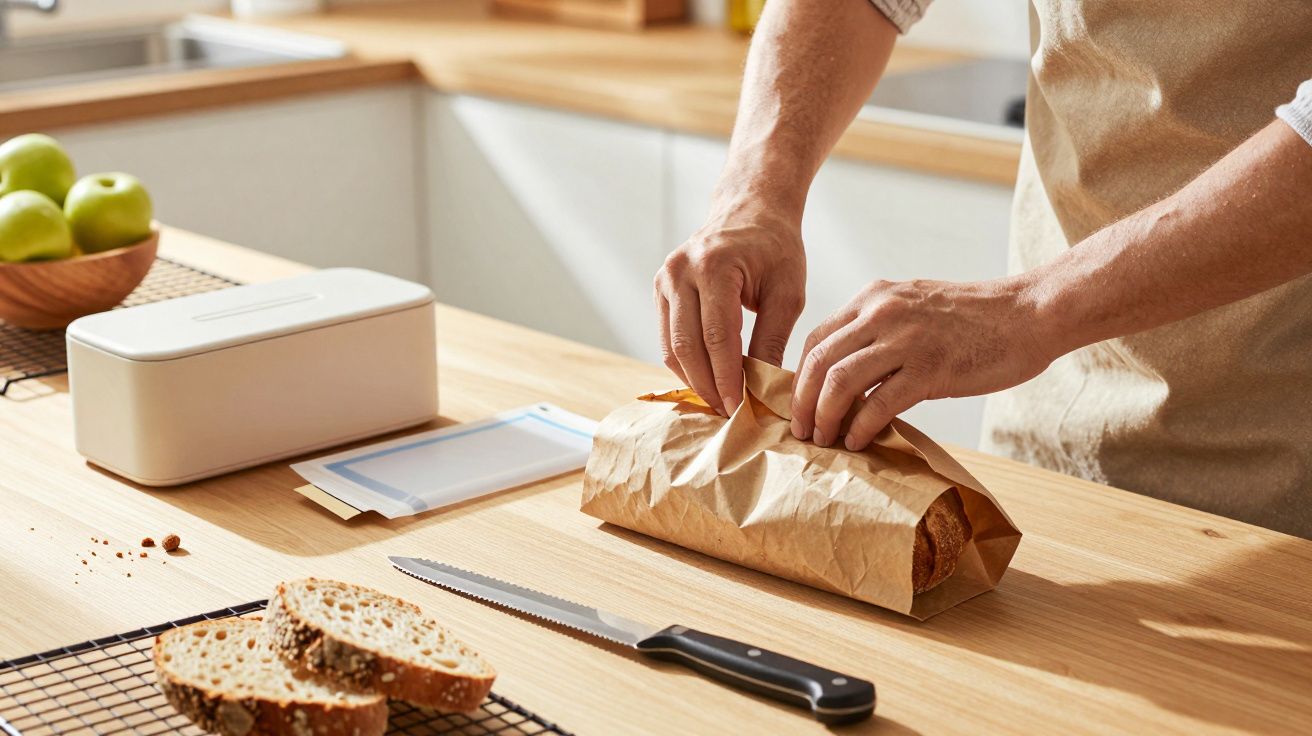 Pessoa a embrulhar pão em papel pardo numa cozinha, ao lado de uma faca de serrilha e fatias de pão.