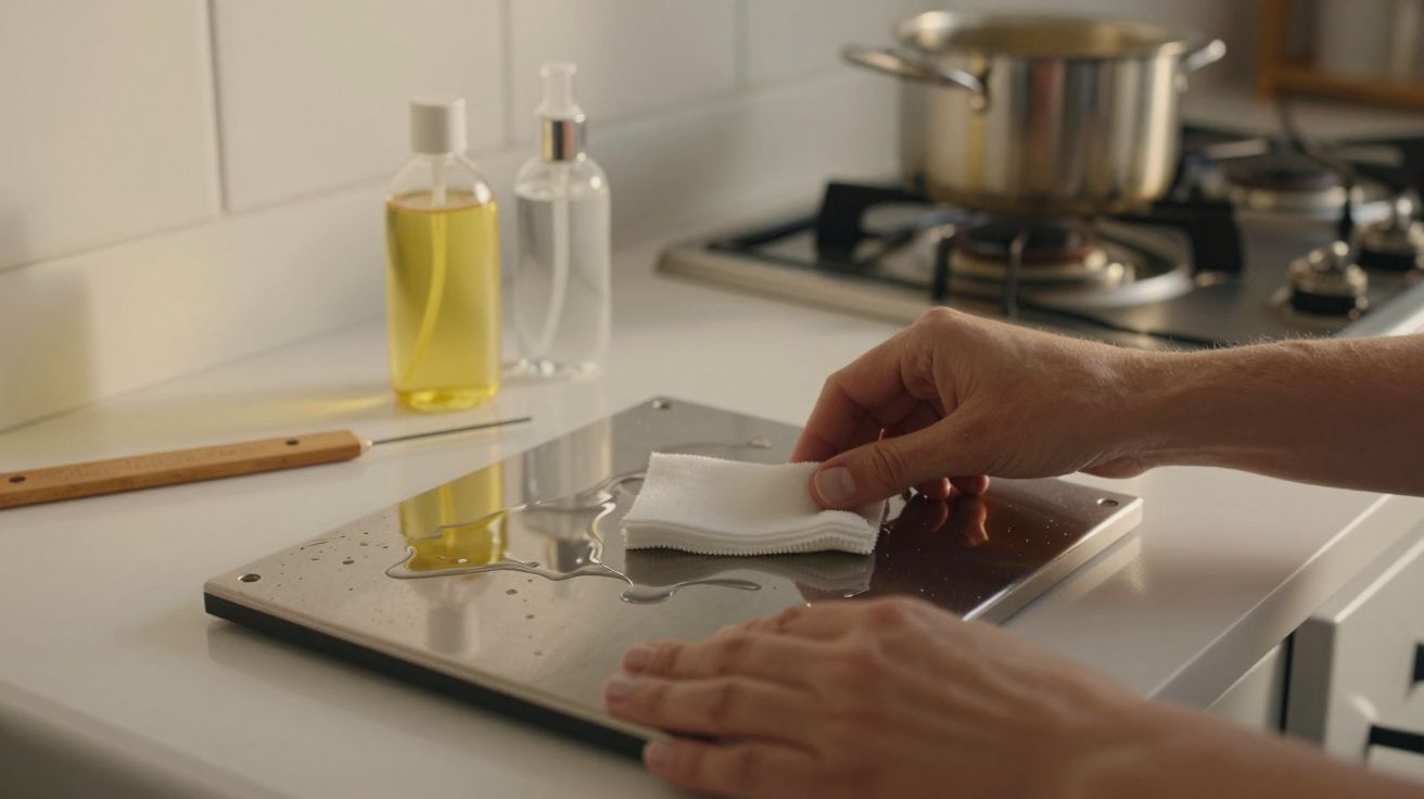Pessoa limpa bancada de cozinha com um pano, frascos de líquido ao lado e panela em fogão ao fundo.